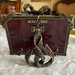 Rare Exquisite Jay Strongwater Crystal Bow Ribbon Scroll, Frame. Burgundy Red.